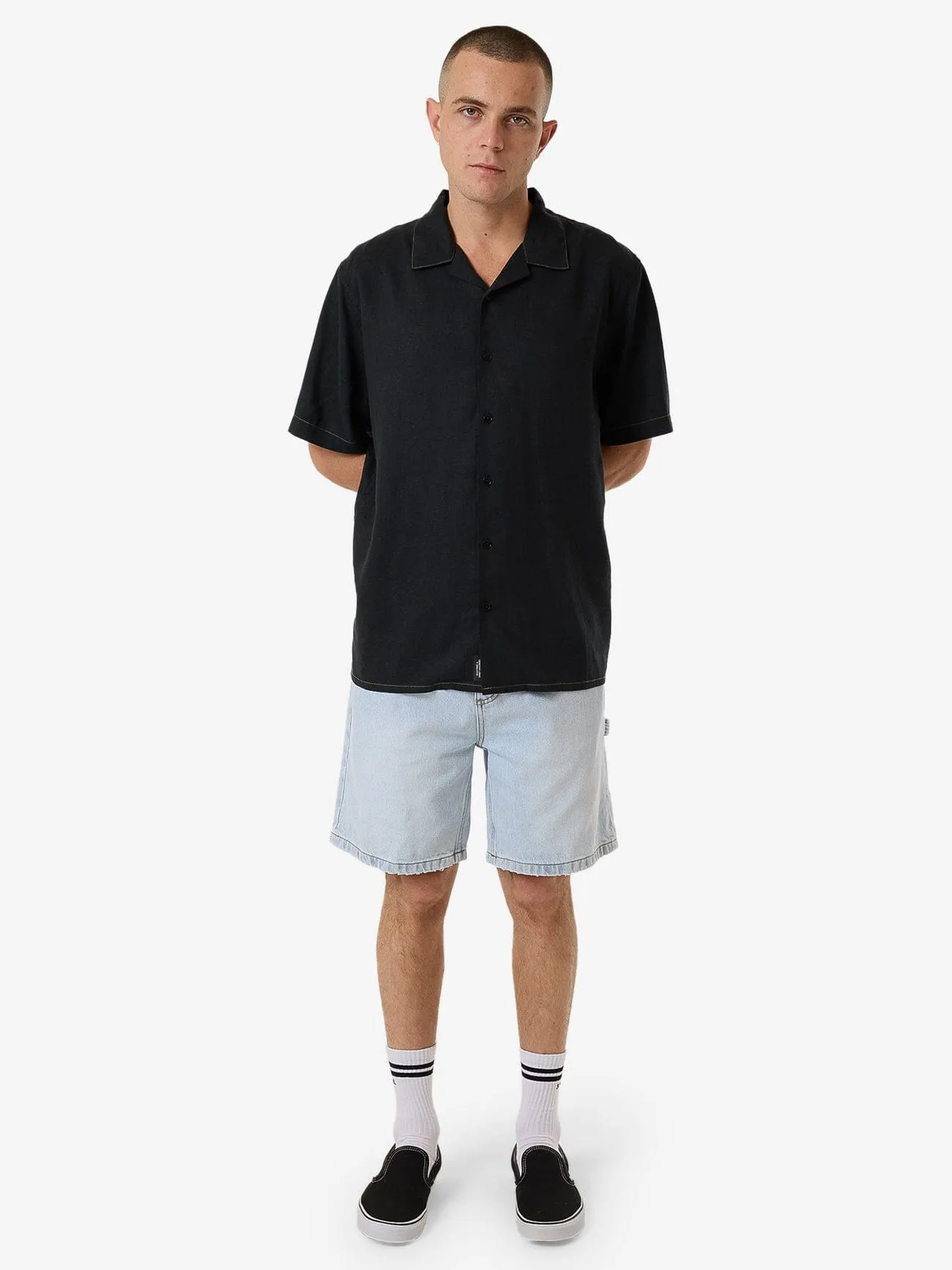 Hemp Minimal Thrills Contrast Stitch Bowling Shirt - Black