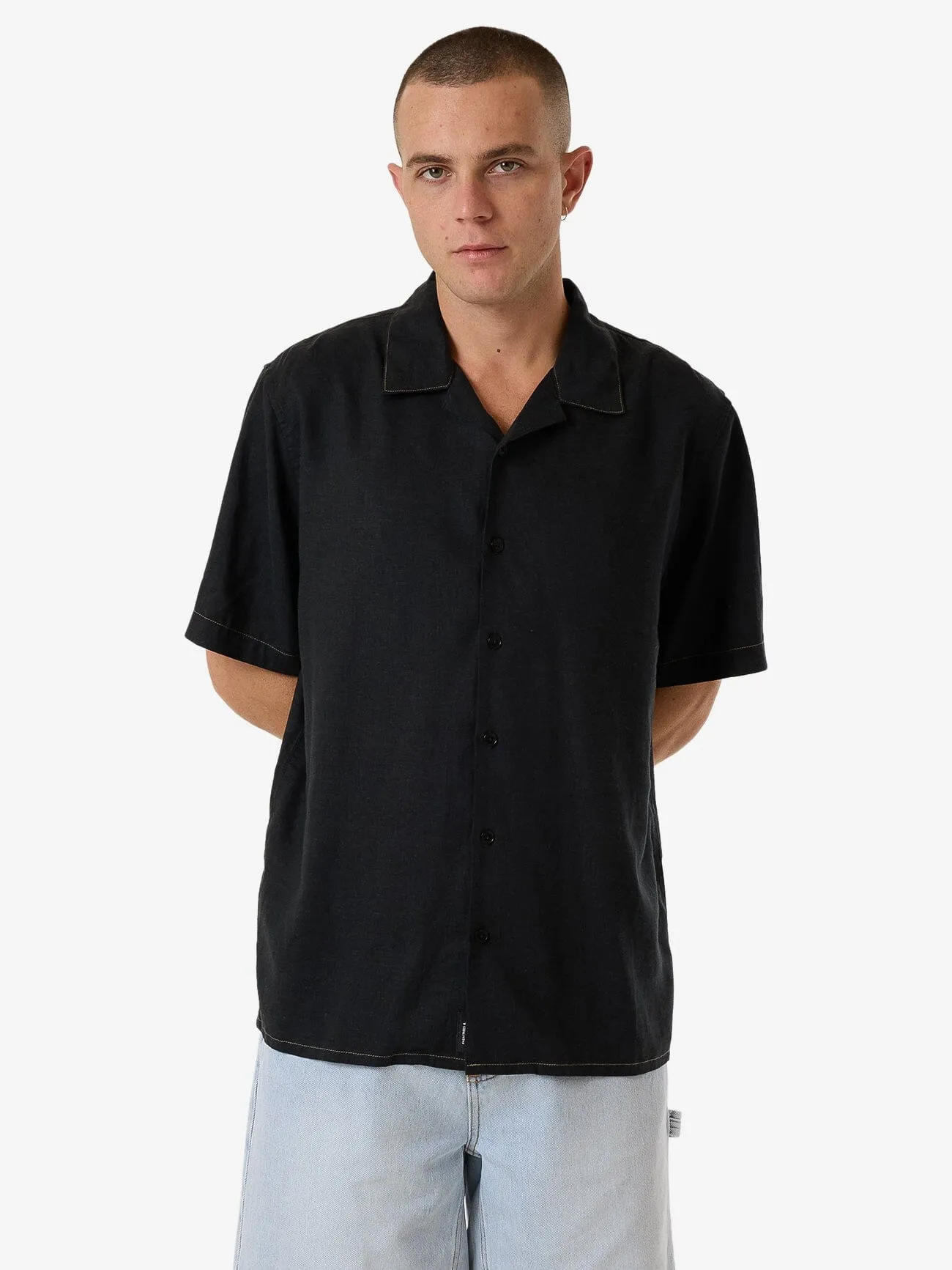 Hemp Minimal Thrills Contrast Stitch Bowling Shirt - Black