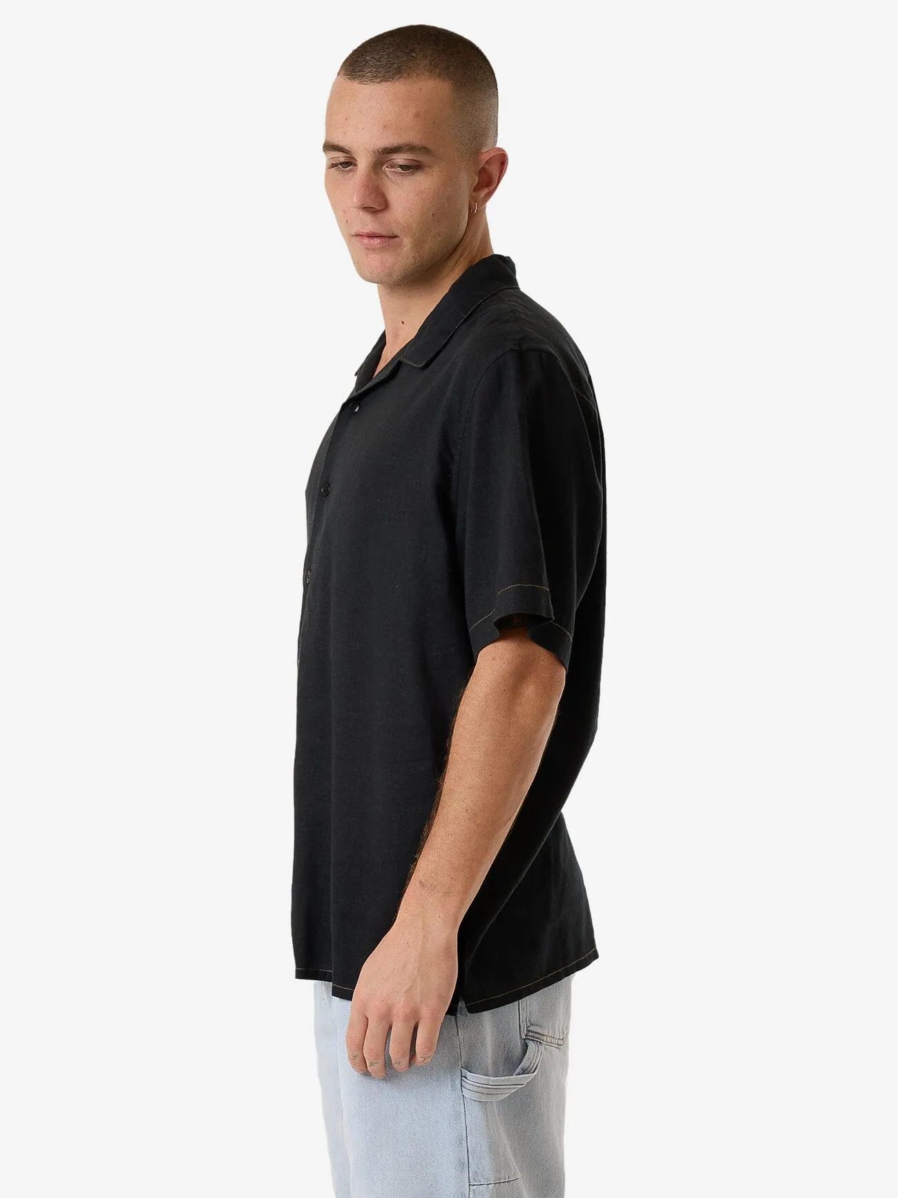 Hemp Minimal Thrills Contrast Stitch Bowling Shirt - Black