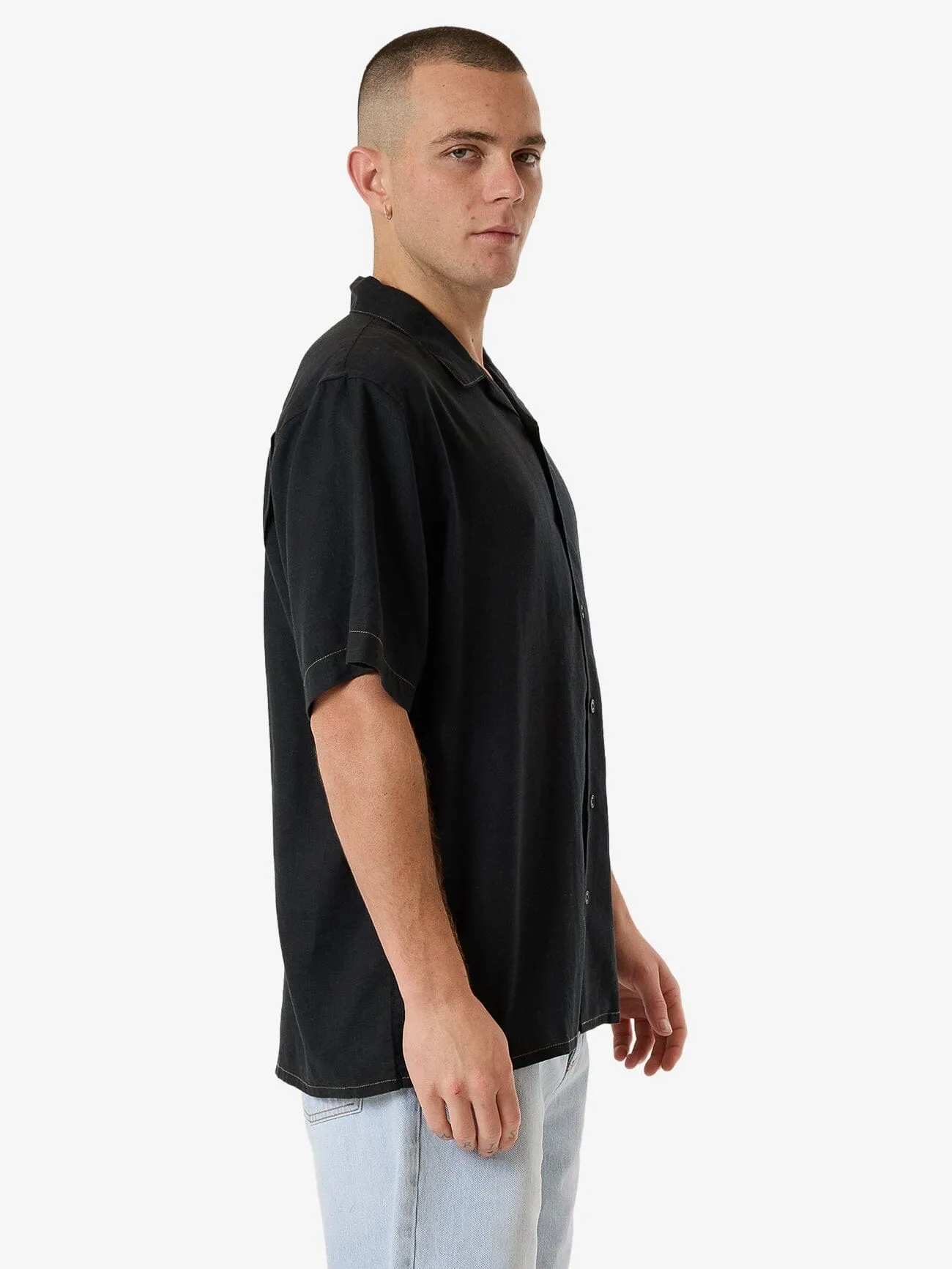 Hemp Minimal Thrills Contrast Stitch Bowling Shirt - Black