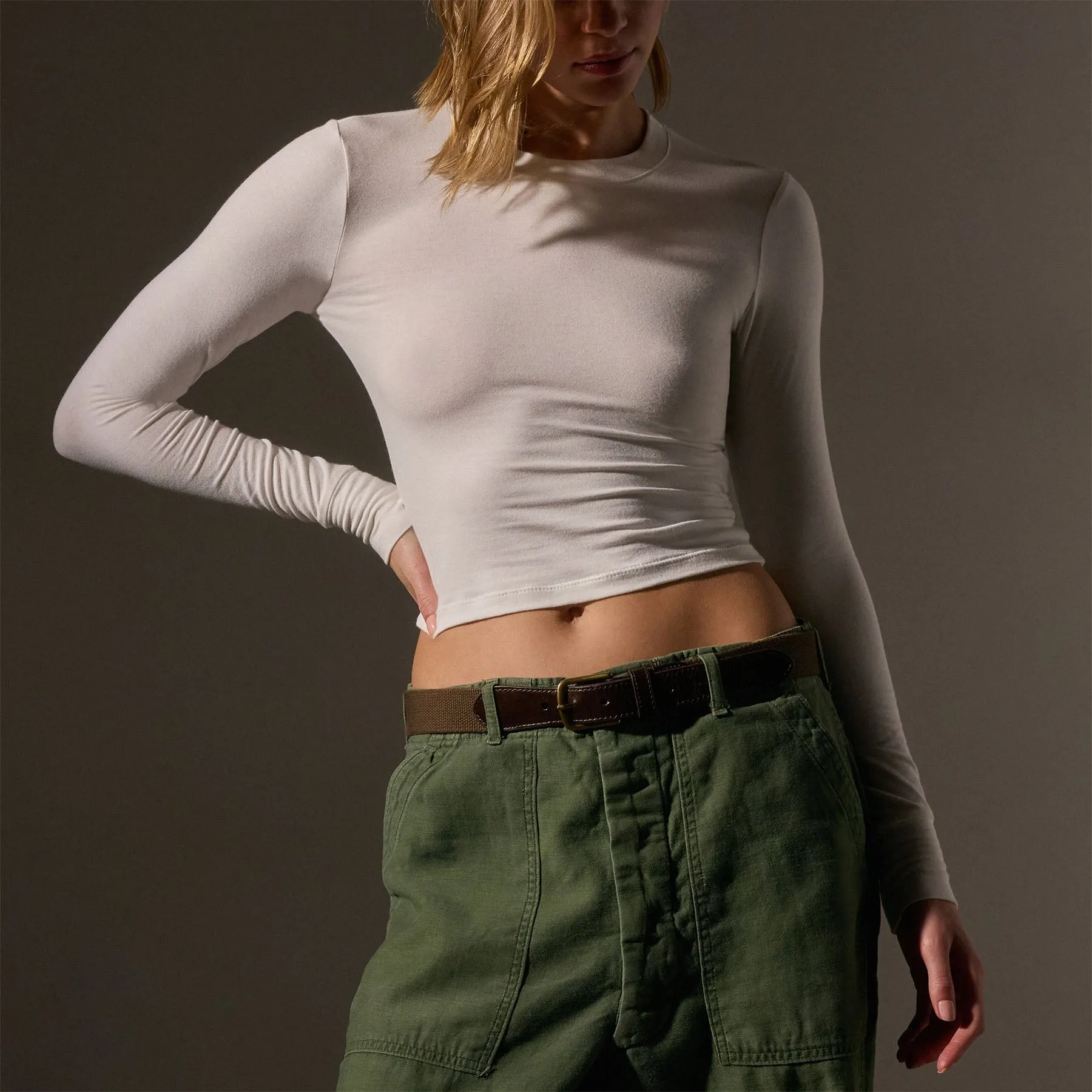 Long Sleeve Cropped Tee - White