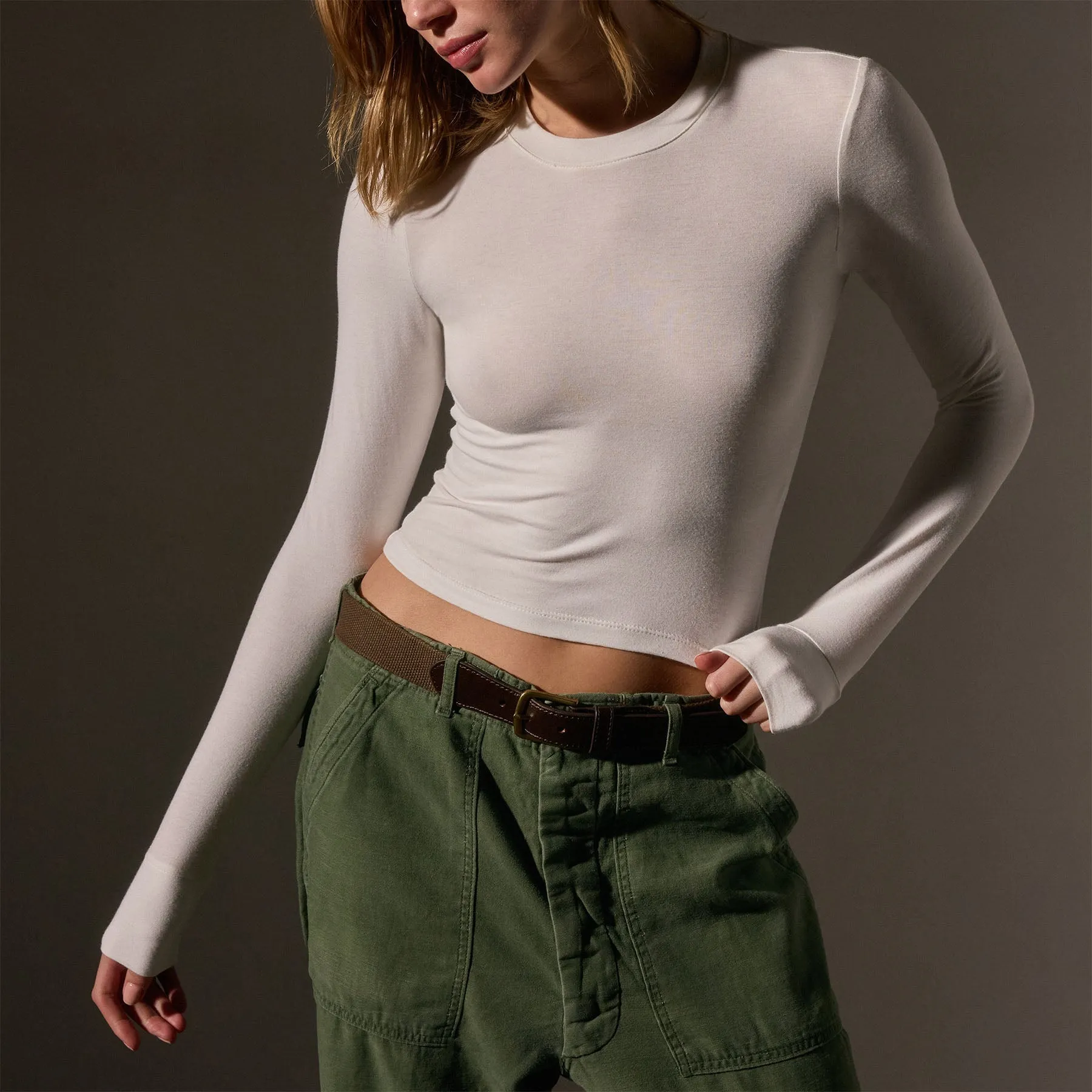 Long Sleeve Cropped Tee - White