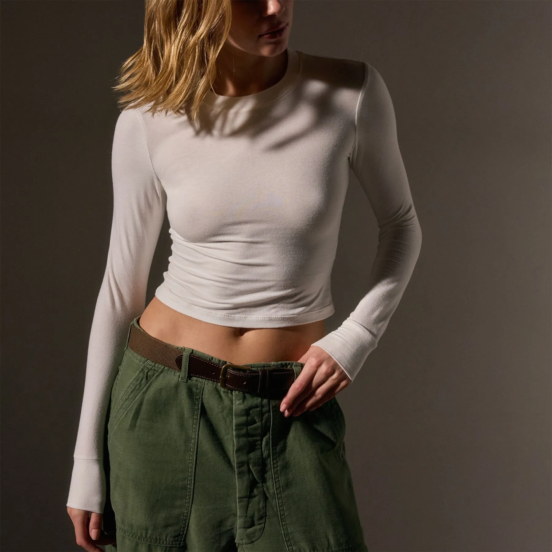 Long Sleeve Cropped Tee - White
