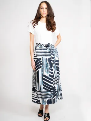 Long White / Blue Brushstroke Striped Dress