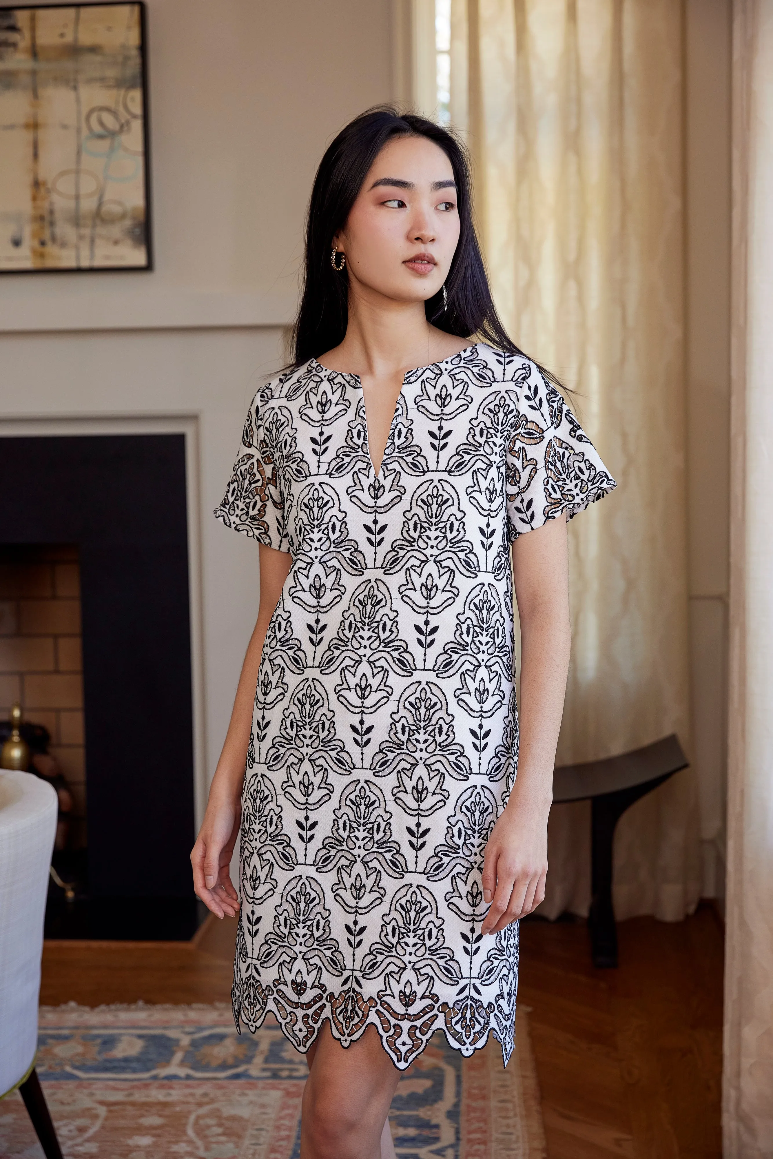 Lulu Dress Black & White Ironwork Geo Lace