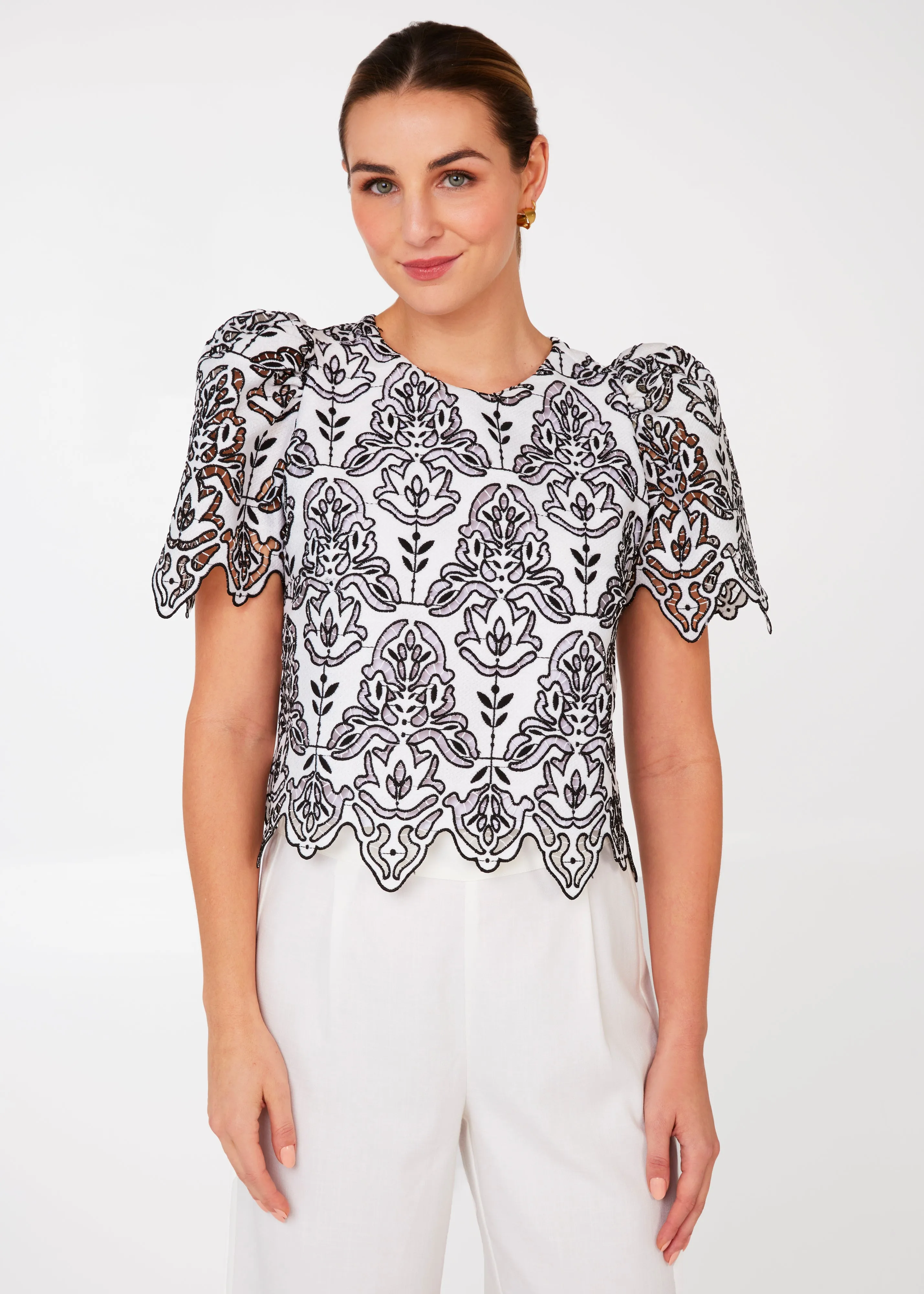 Marty Crop Top Black & White Ironwork Geo Lace