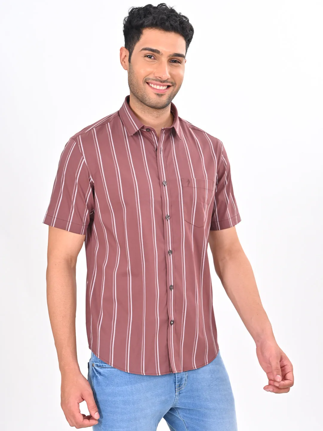 Men Striped Half Sleeve Cotton Blend Shirt