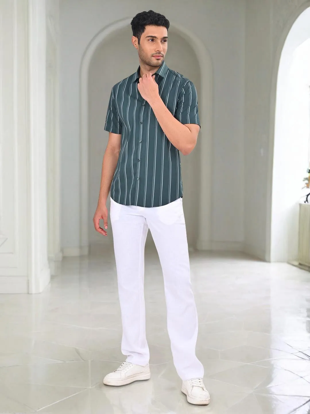 Men Striped Half Sleeve Cotton Blend Shirt