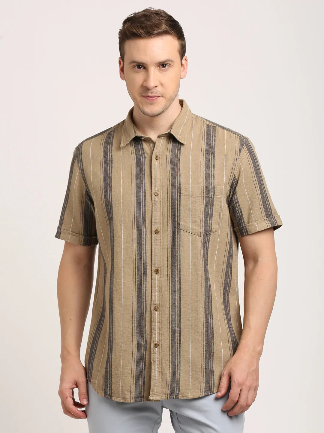 Men Striped Half Sleeve Cotton Shirt