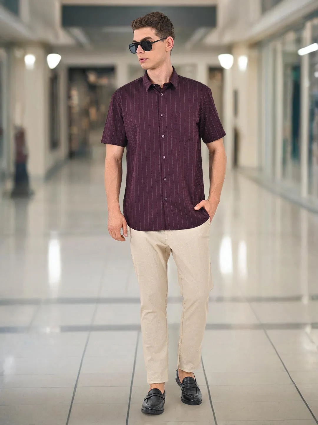 Men Striped Half Sleeve Cotton Shirt