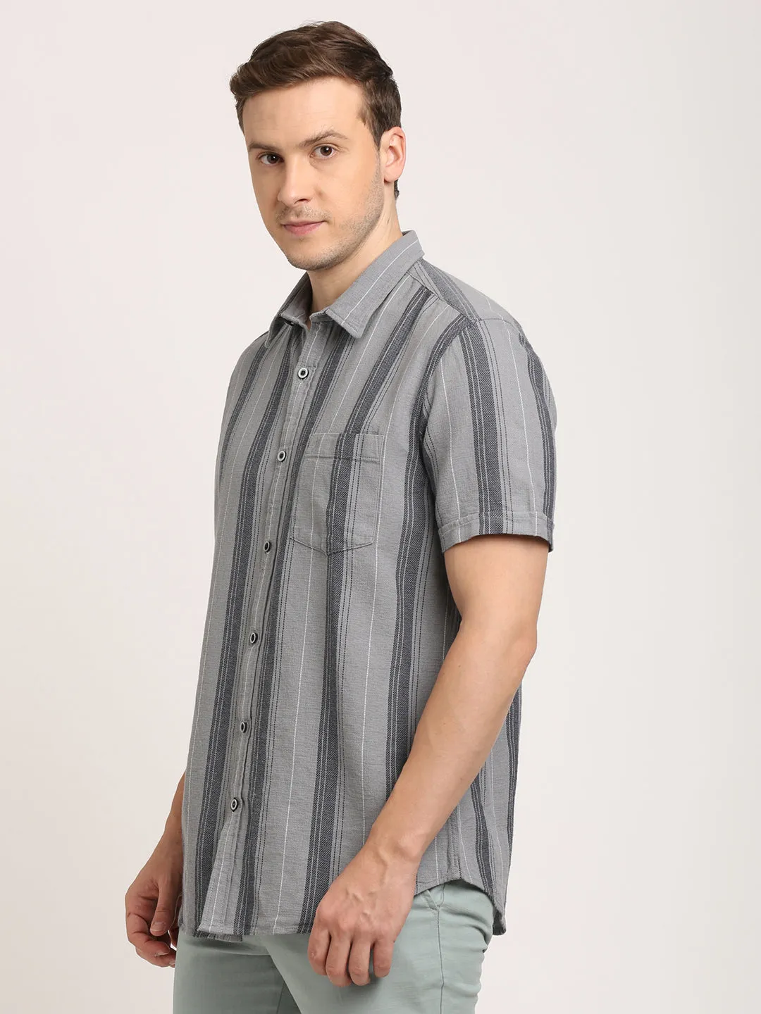Men Striped Half Sleeve Cotton Shirt