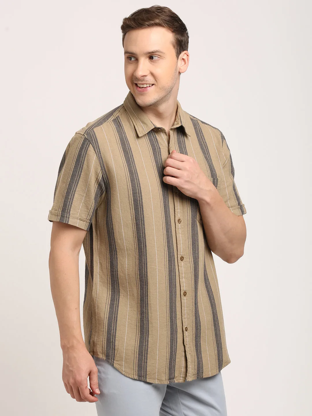 Men Striped Half Sleeve Cotton Shirt