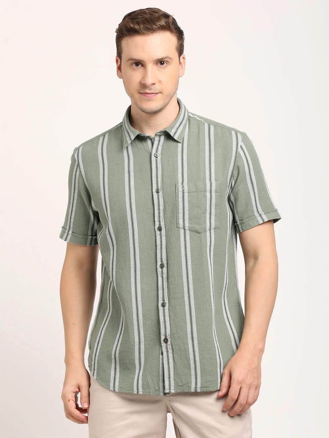 Men Striped Half Sleeve Cotton Shirt