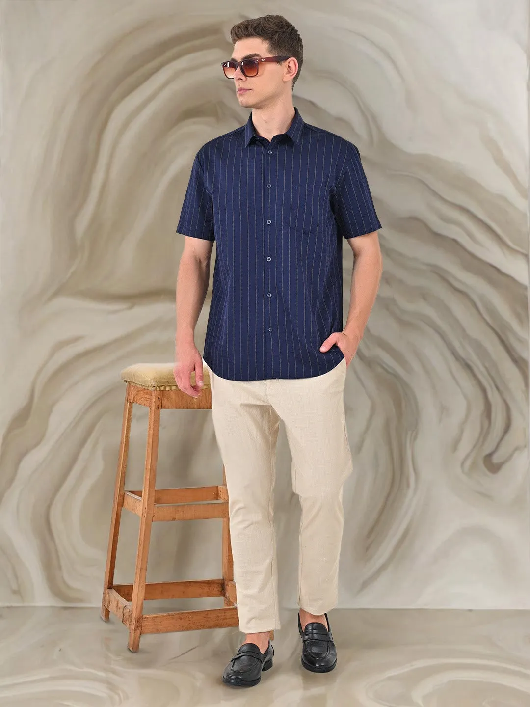 Men Striped Half Sleeve Cotton Shirt