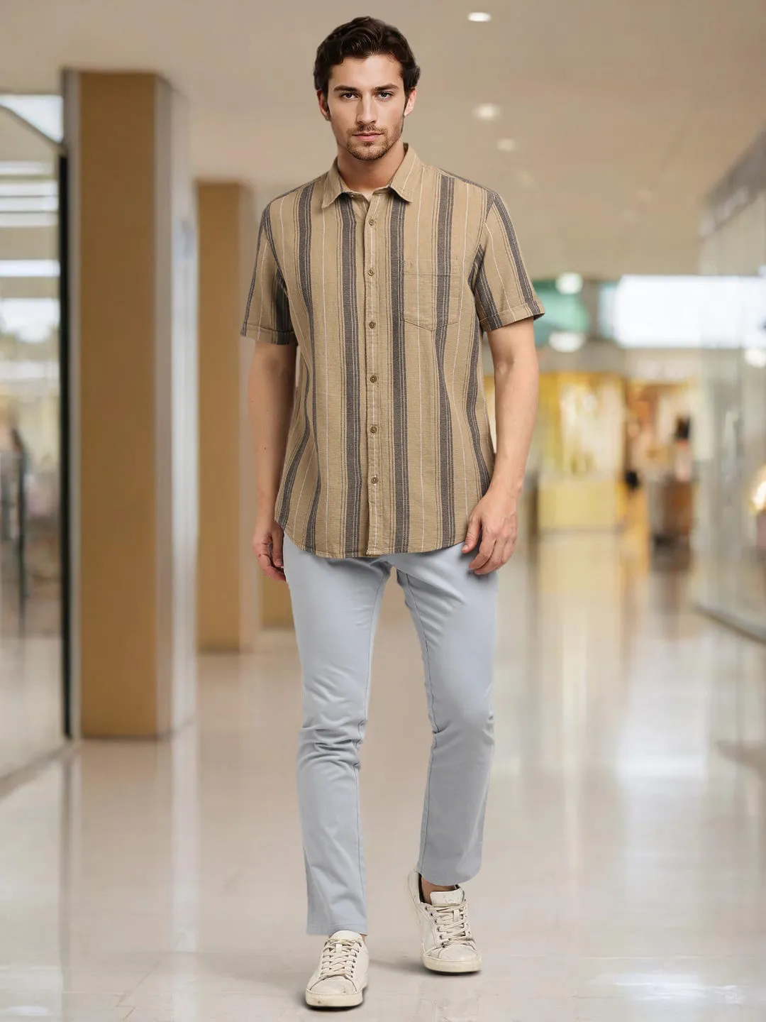 Men Striped Half Sleeve Cotton Shirt