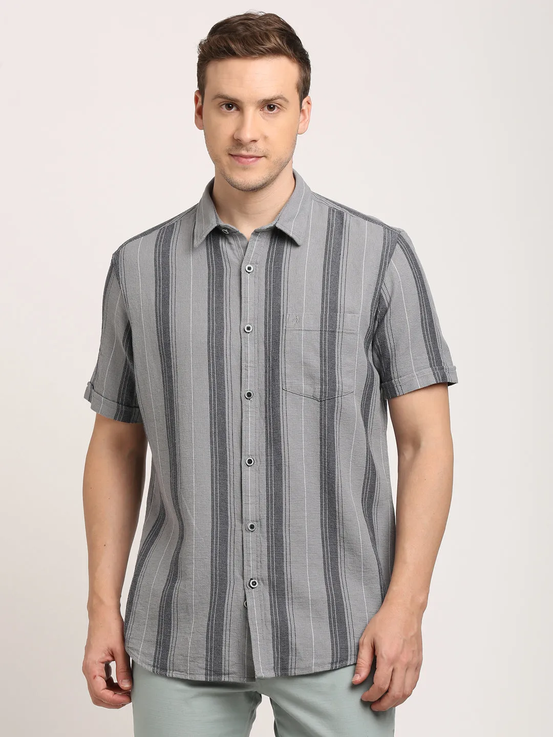Men Striped Half Sleeve Cotton Shirt