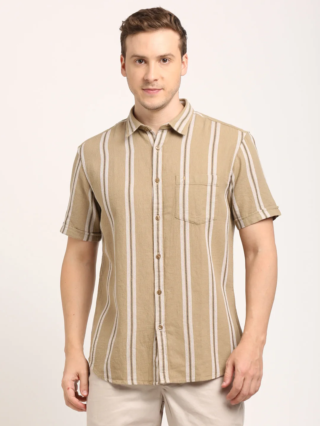 Men Striped Half Sleeve Cotton Shirt
