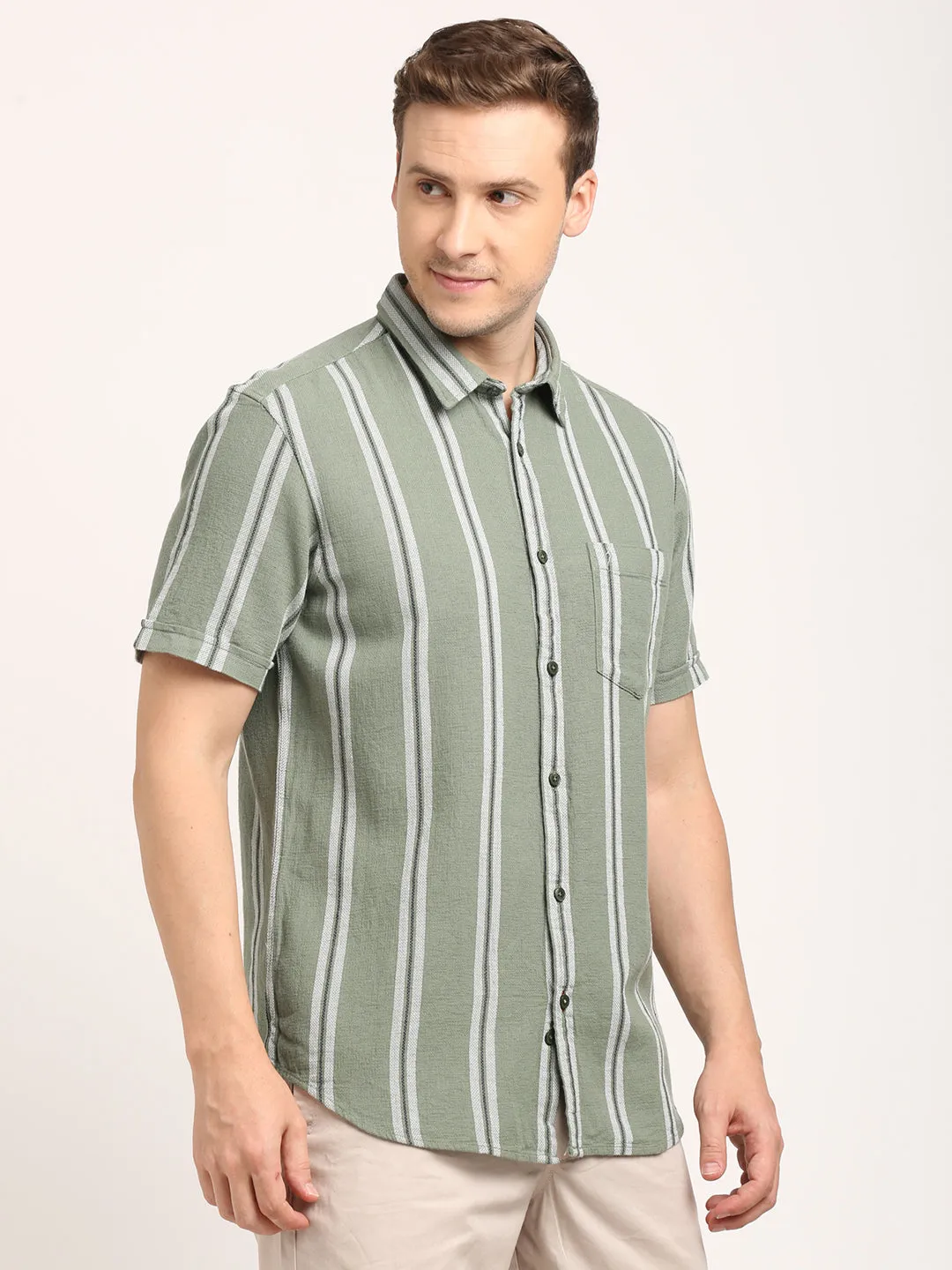 Men Striped Half Sleeve Cotton Shirt