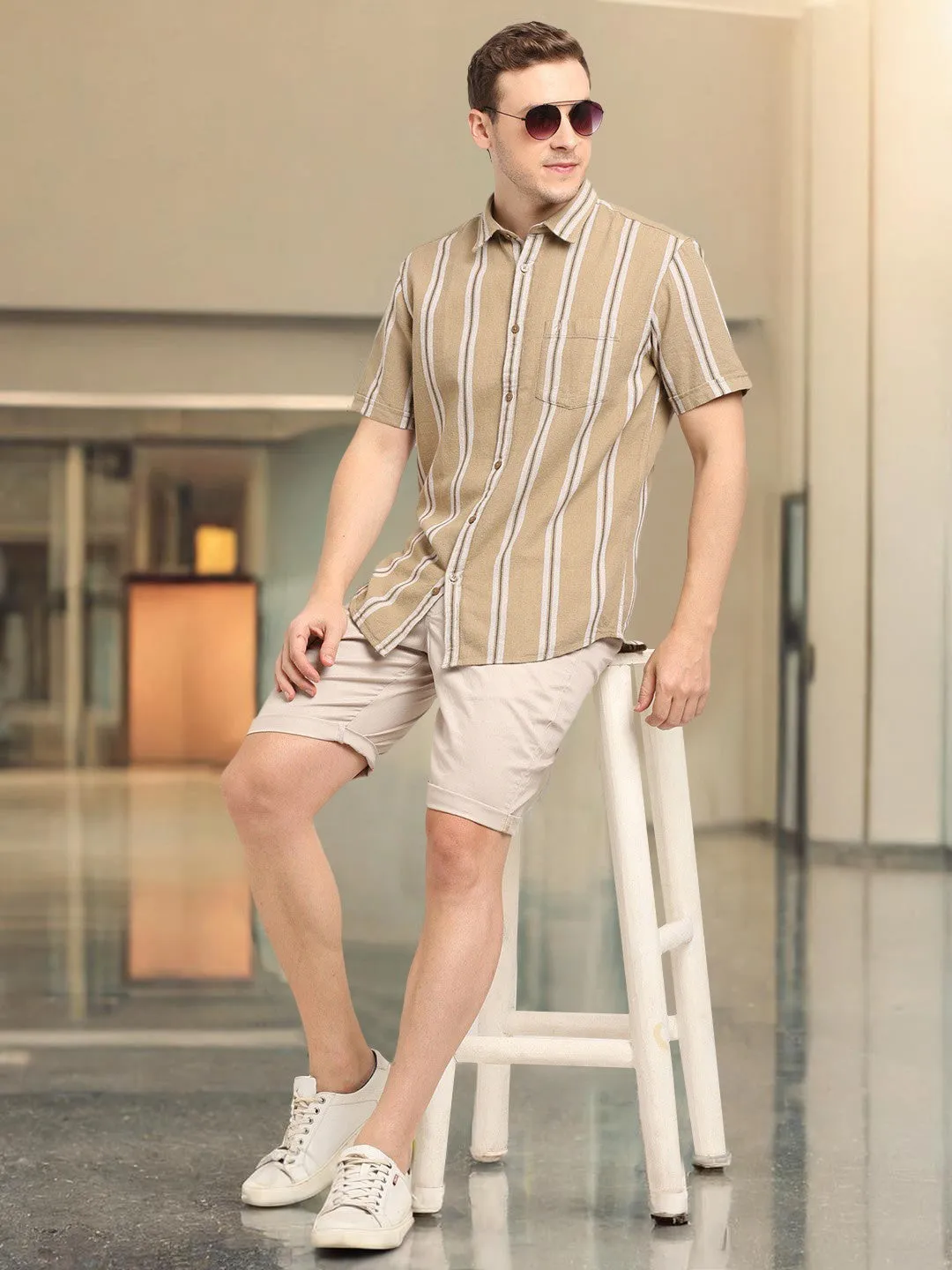 Men Striped Half Sleeve Cotton Shirt