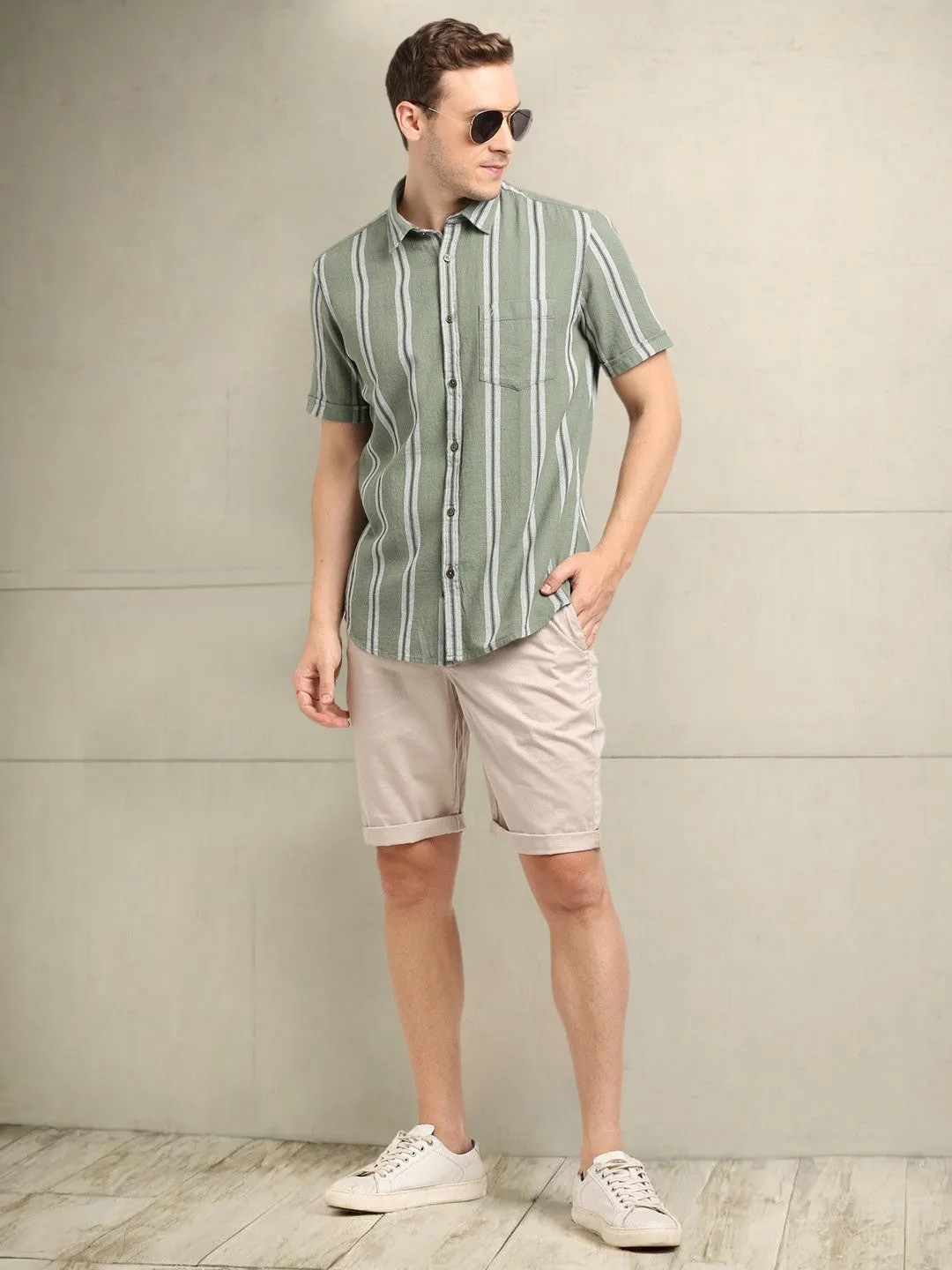 Men Striped Half Sleeve Cotton Shirt