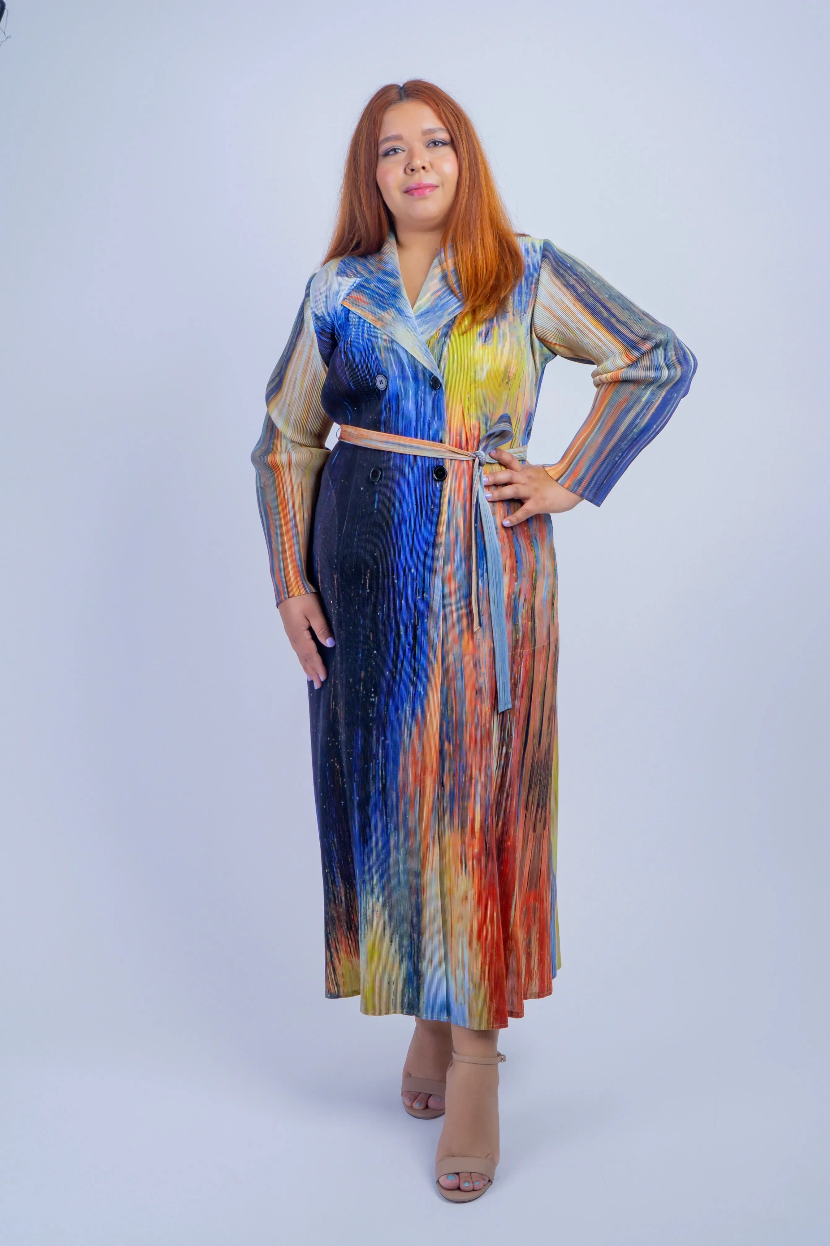 Multi Colors Pleated Collared Jacket Dress