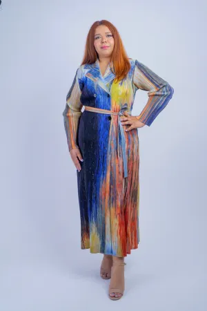 Multi Colors Pleated Collared Jacket Dress