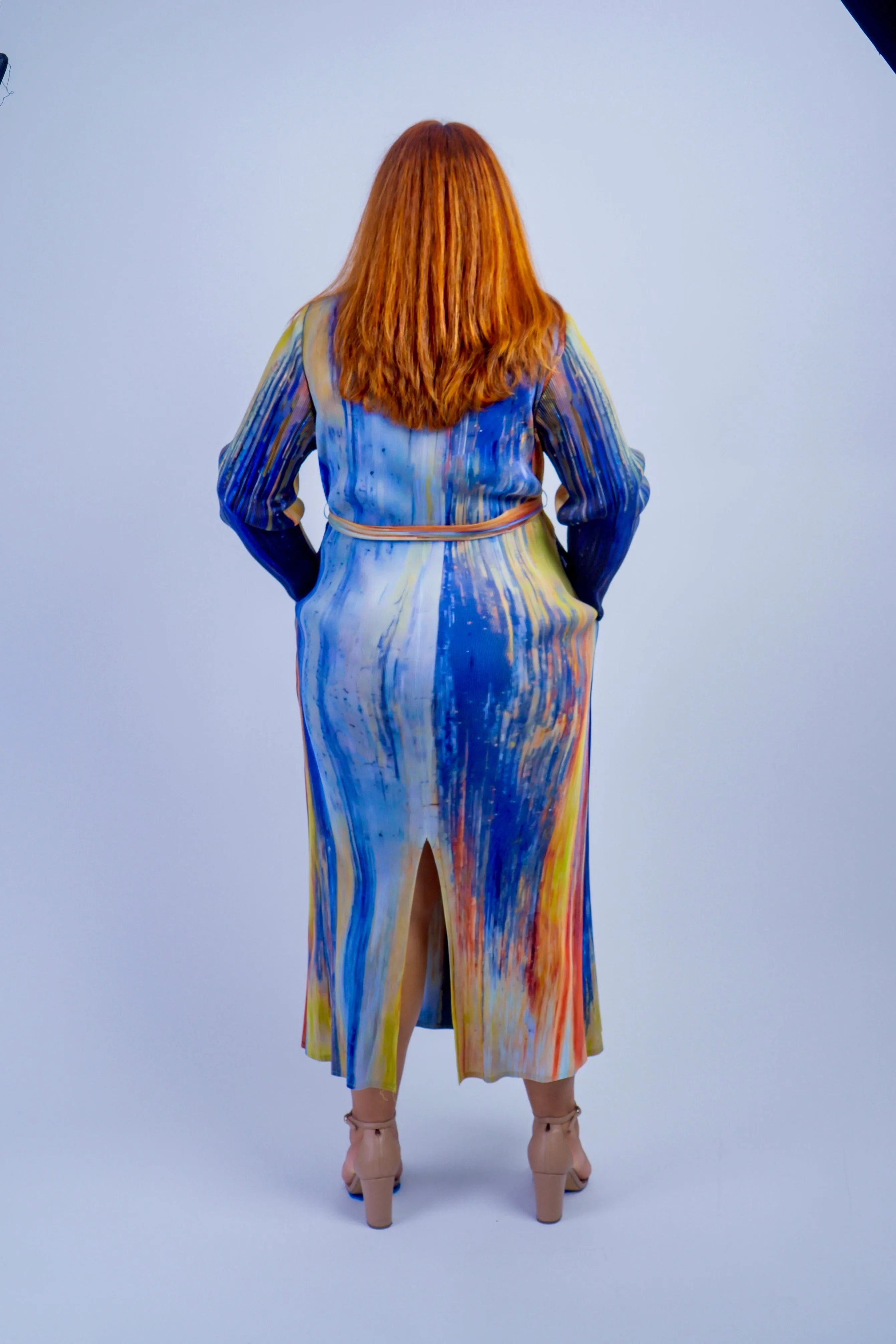 Multi Colors Pleated Collared Jacket Dress