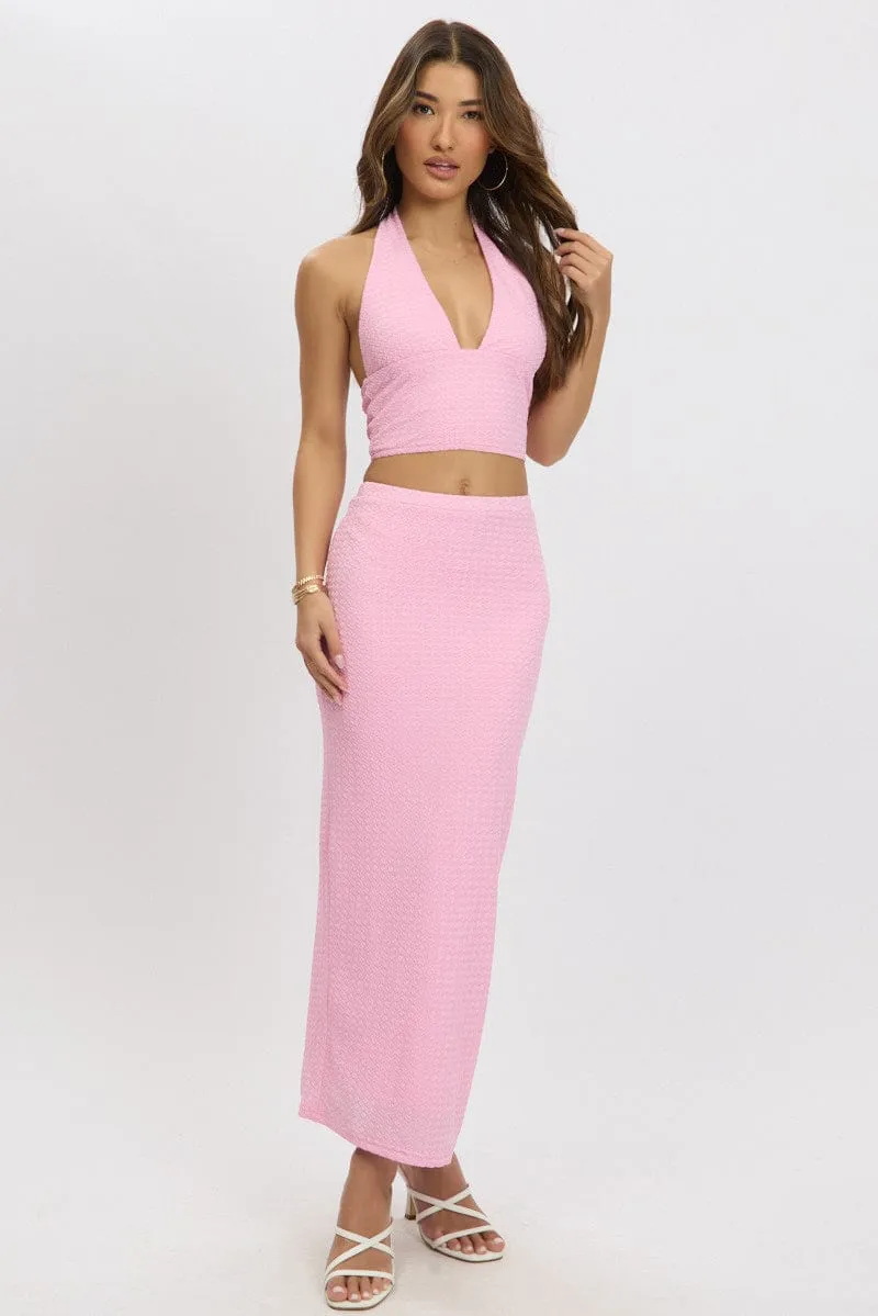 Pink Midi Skirt High Rise Textured Jersey