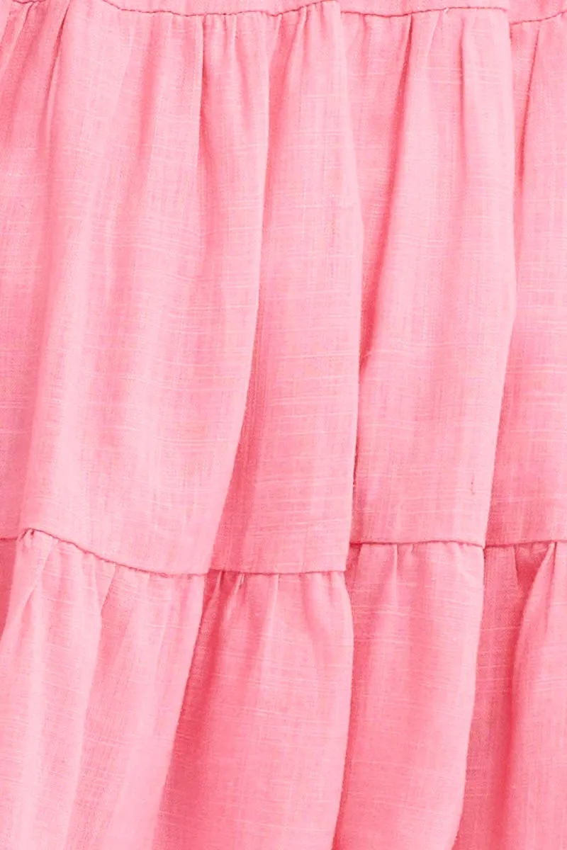 Pink Round Neck Short Sleeve Linen Blend Skater Dress