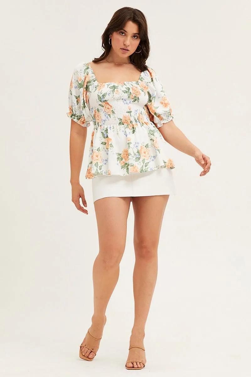 Print Puff Sleeve Shirred Top