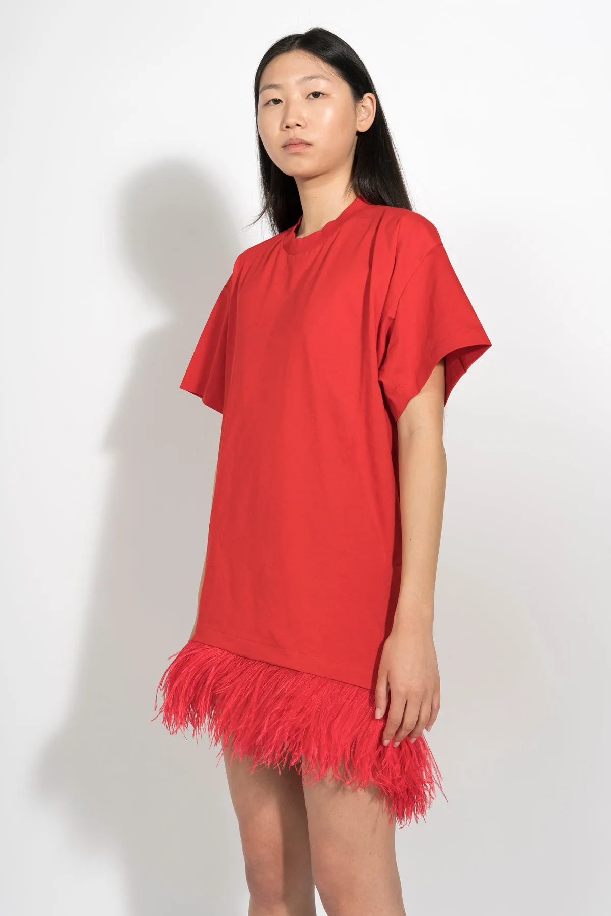 RED FEATHER HEM T-SHIRT DRESS