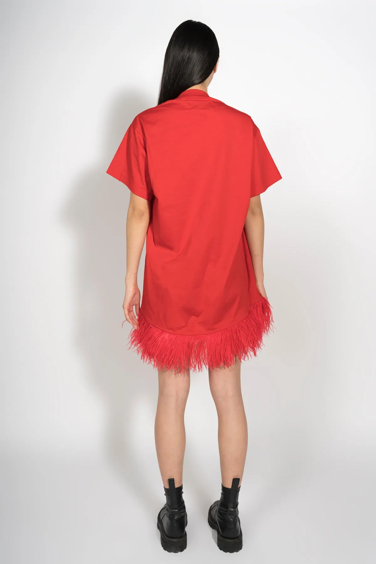 RED FEATHER HEM T-SHIRT DRESS