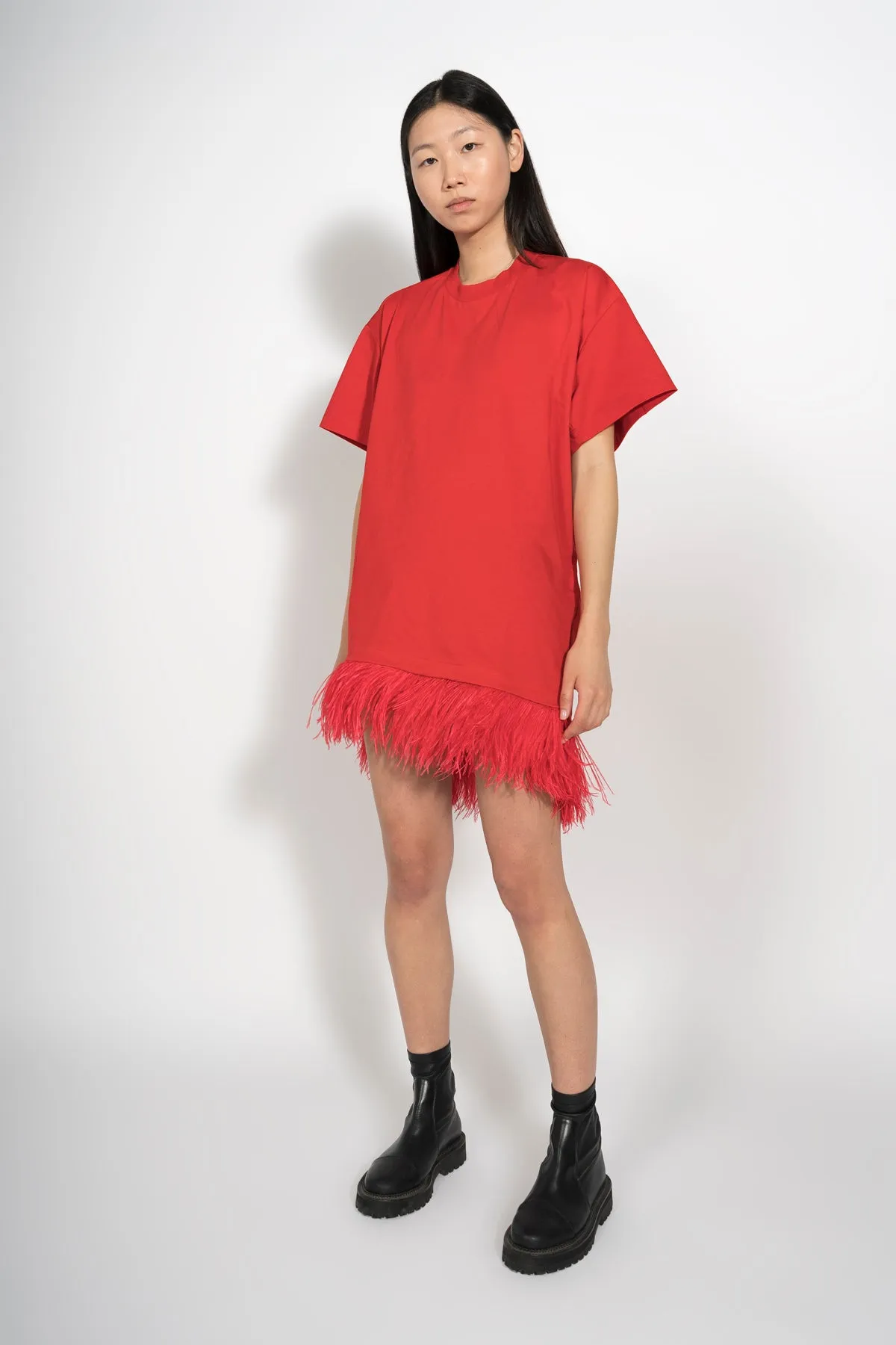 RED FEATHER HEM T-SHIRT DRESS