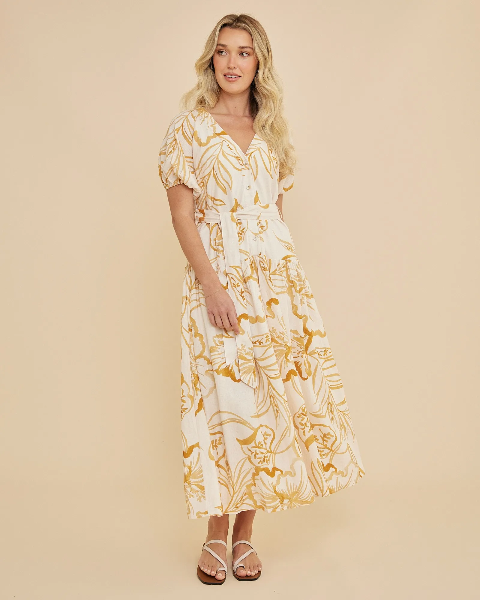 Rosemallow Puff Sleeve Midi Dress