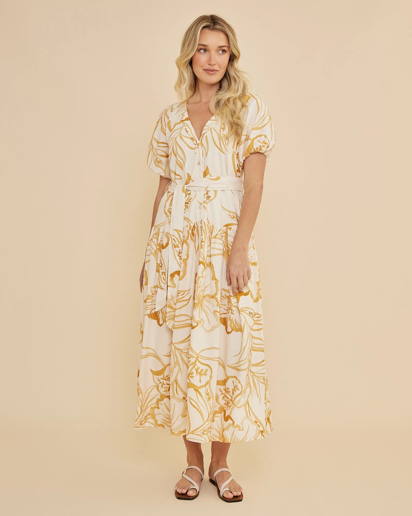 Rosemallow Puff Sleeve Midi Dress