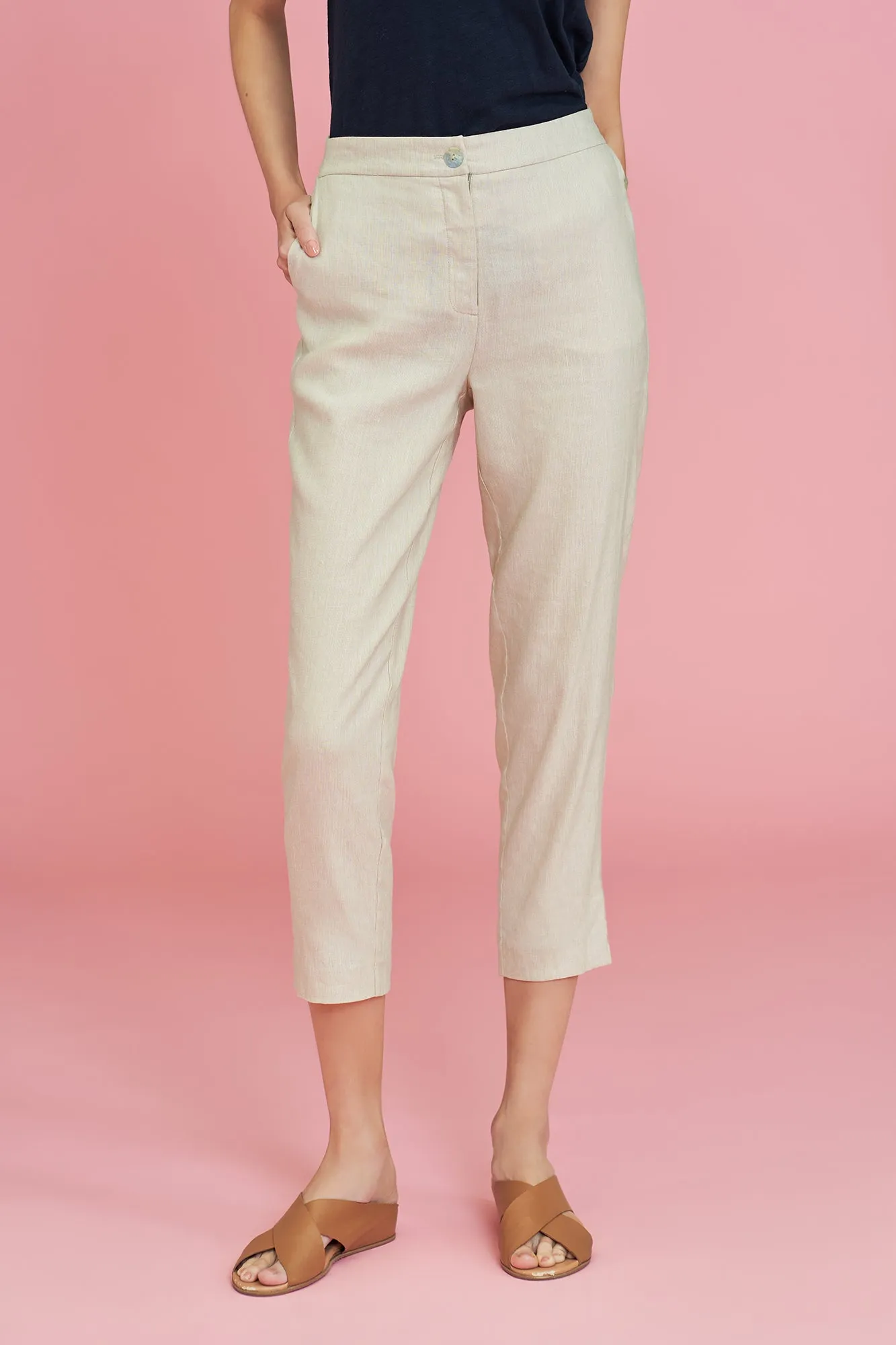 Tab Detail Linen Pant - Stone