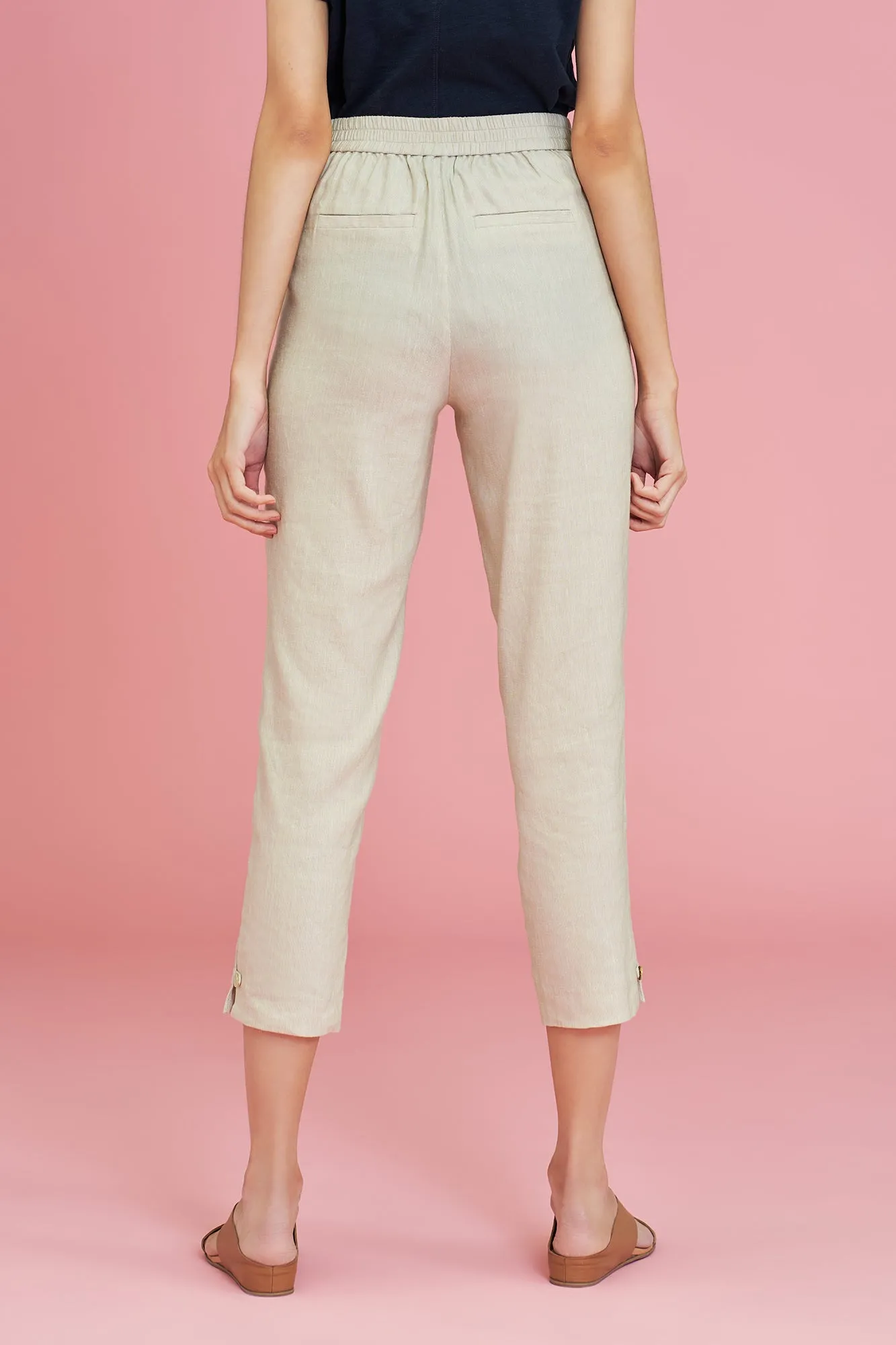 Tab Detail Linen Pant - Stone