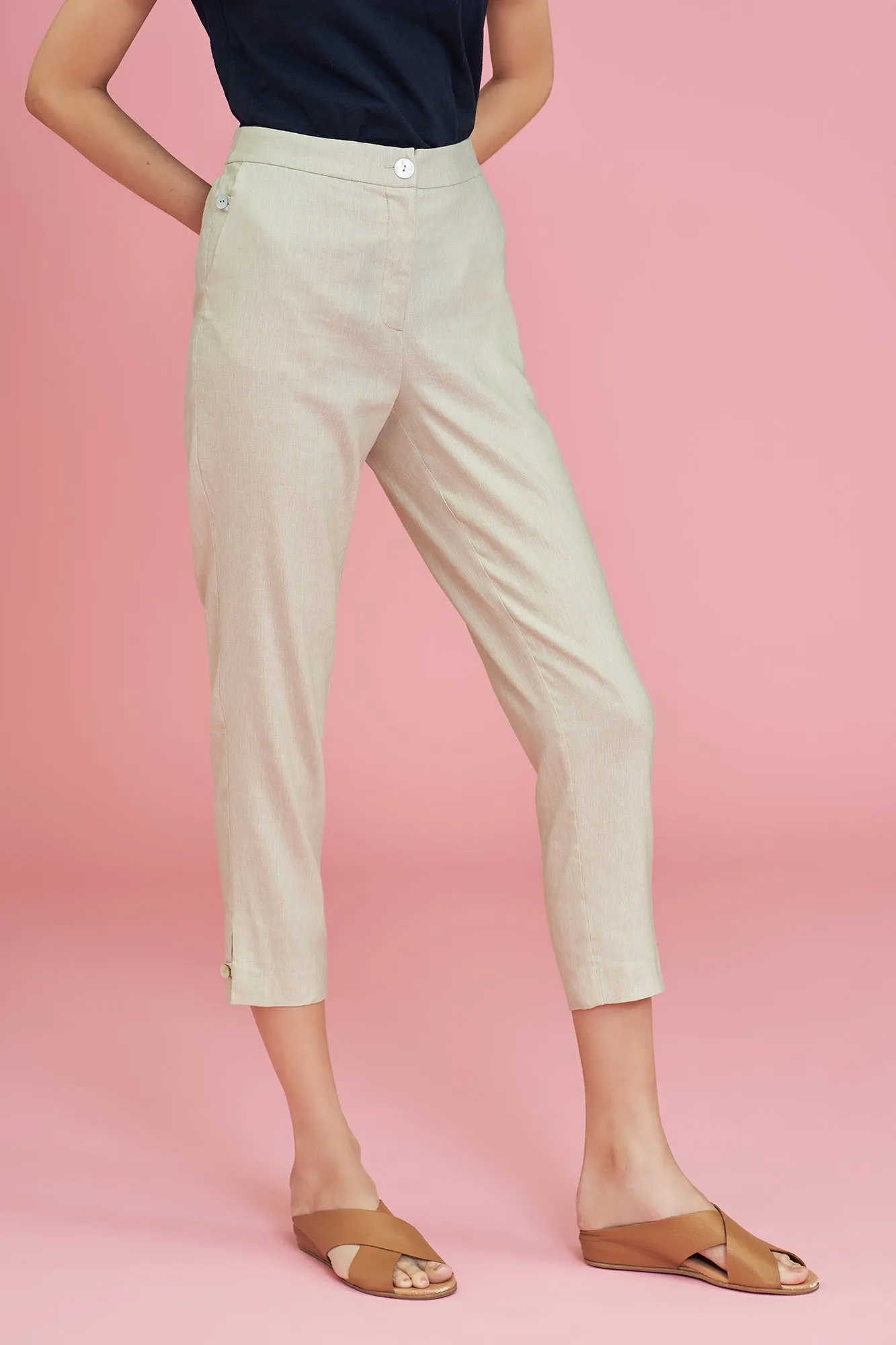 Tab Detail Linen Pant - Stone