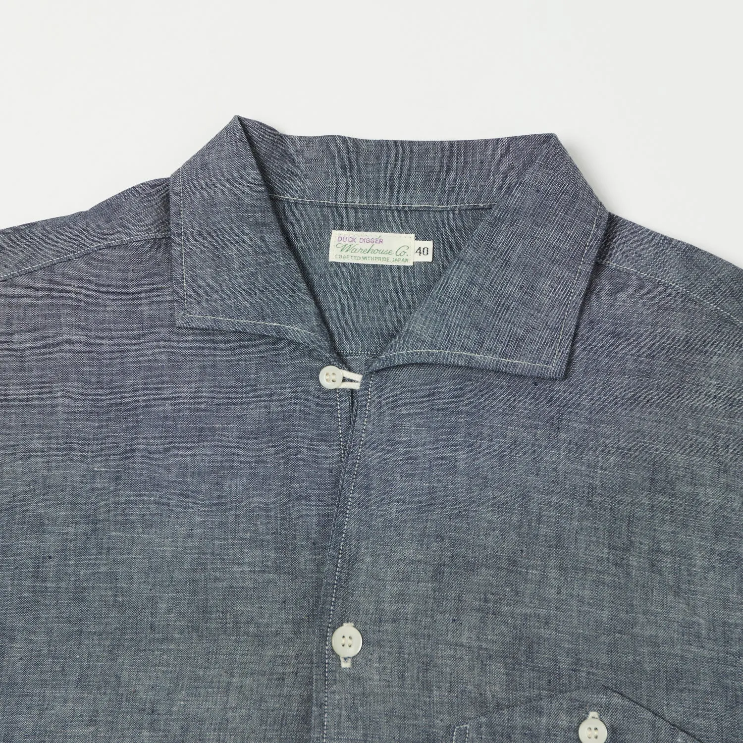 Warehouse & Co 3091 S/S Open Collar Shirt - Chambray Navy