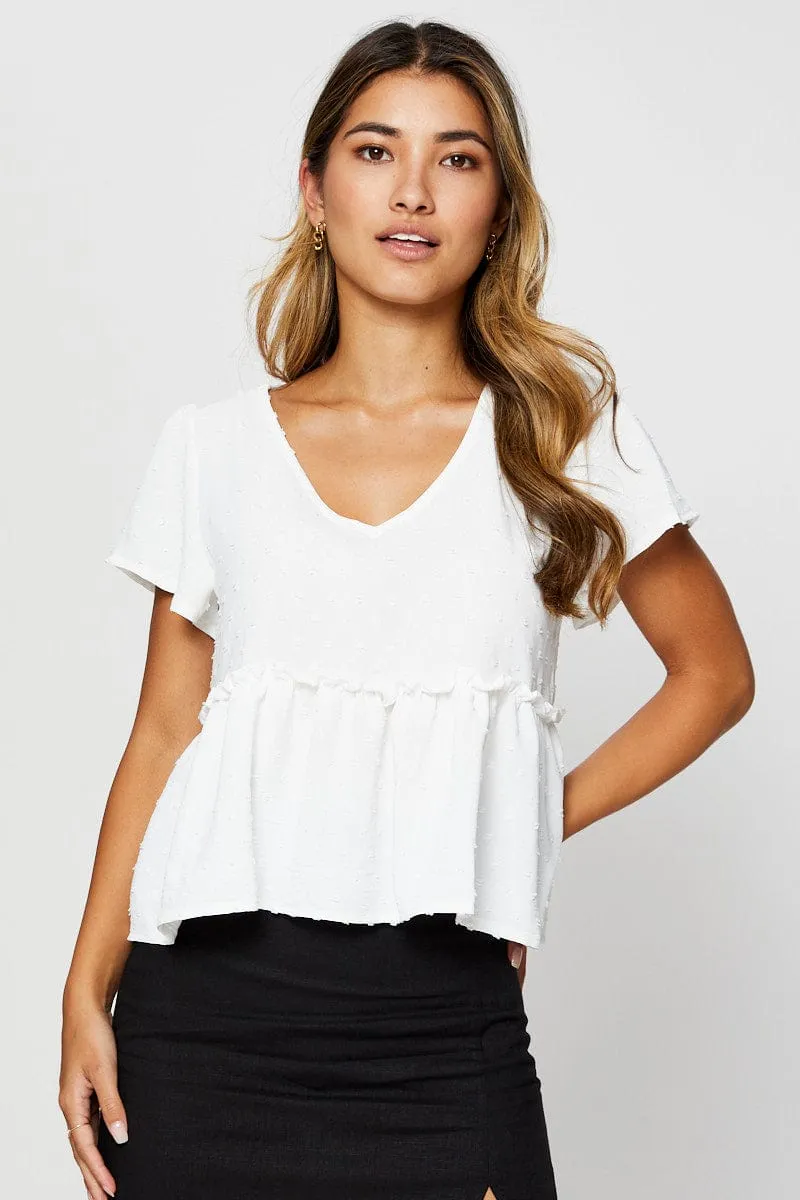 White Peplum Top Short Sleeve Button Front