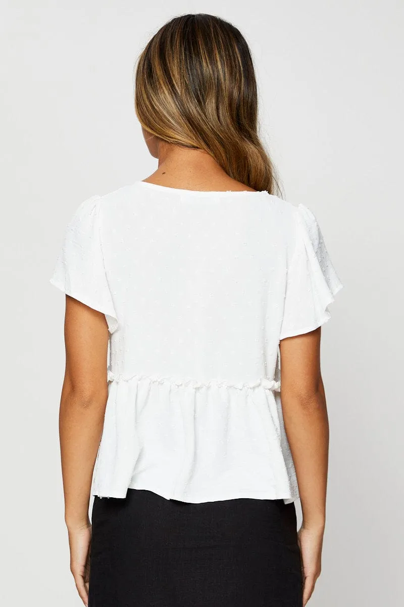White Peplum Top Short Sleeve Button Front