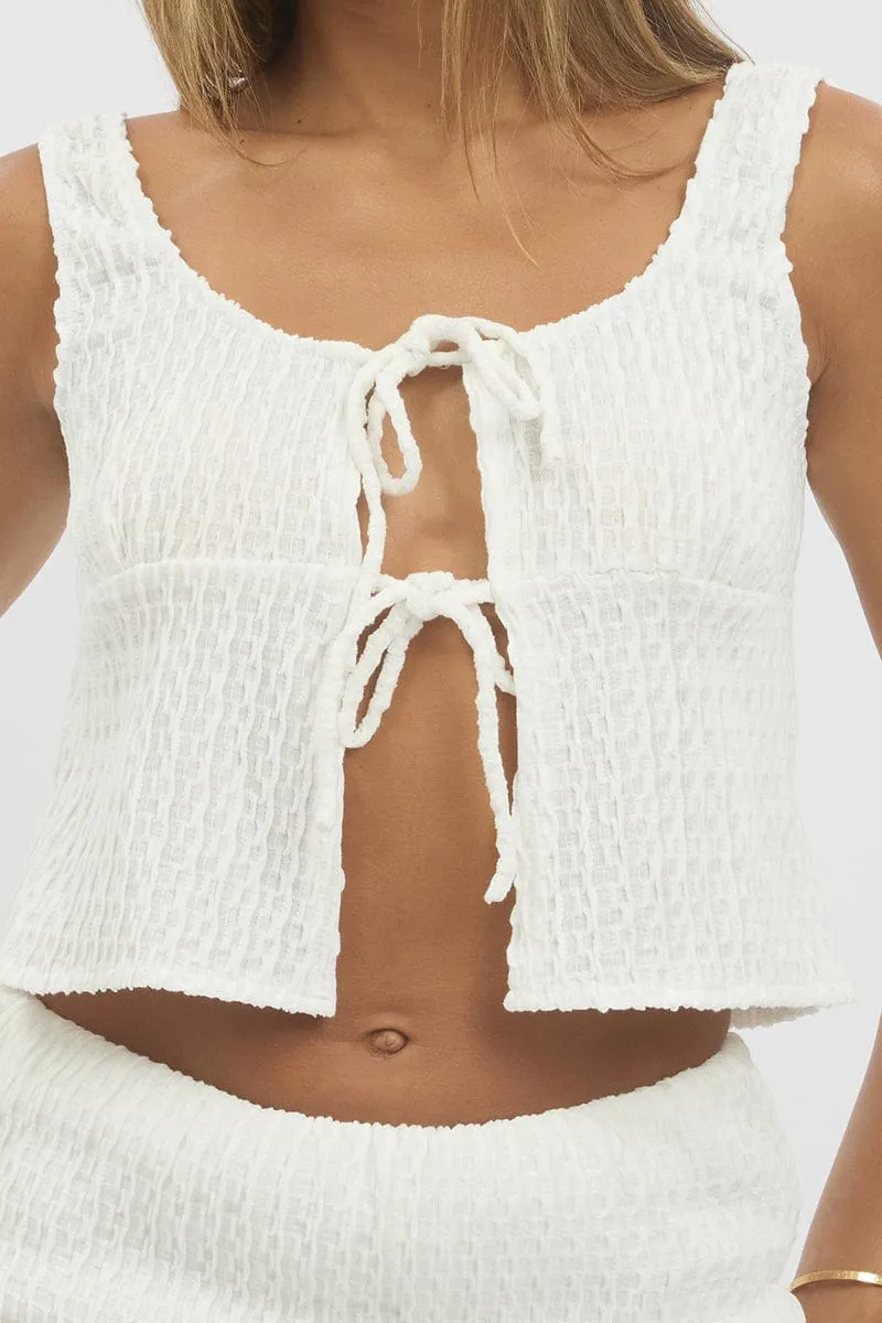 White Tie Front Top Sleeveless Textured