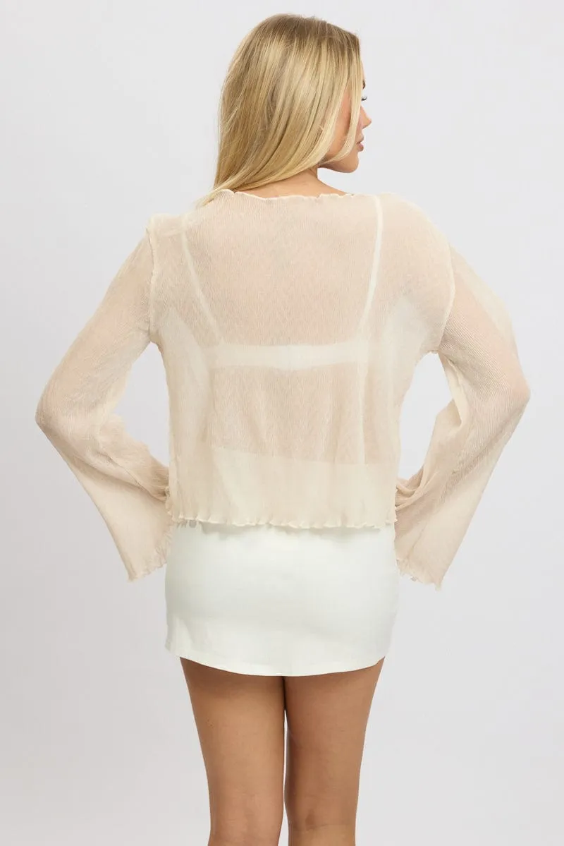 White Tie Up Front Top Long Sleeve Textured
